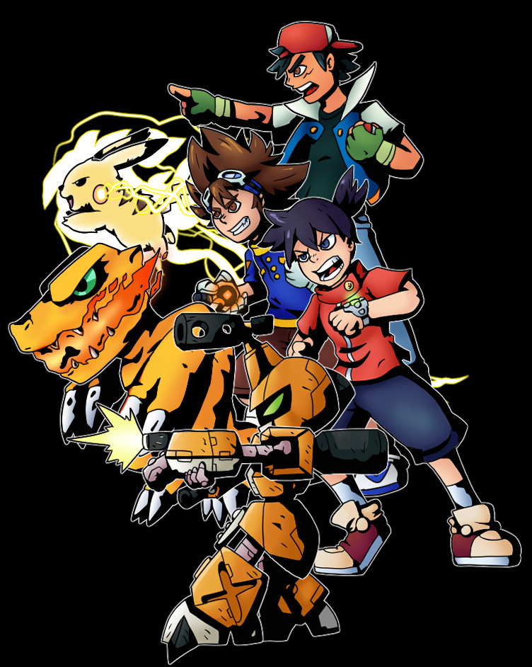 agumon ash_ketchum digimon digimon_(creature) digimon_adventure fire gen_1_pokemon green_eyes hat medarot medarot_(robot) metabee nintendo open_mouth pikachu pokemon pokemon_(anime) pokemon_(classic_anime) robot sharp_teeth teeth tenryou_ikki yagami_taichi