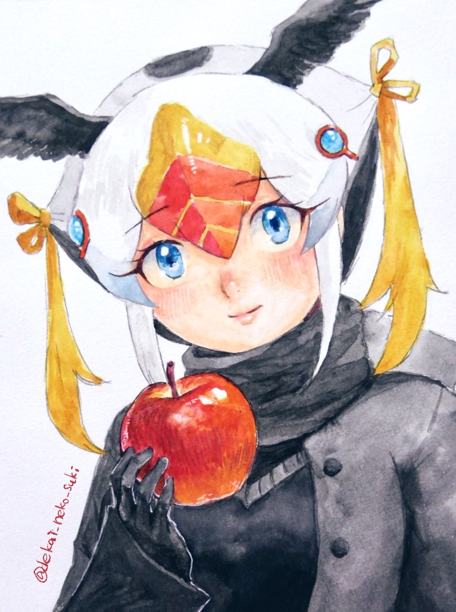1girl apple bird_wings black_gloves black_hair black_jacket blonde_hair blue_eyes blush closed_mouth dekai_neko_suki food fruit gloves hair_between_eyes hair_ornament hand_up head_wings highres holding holding_food holding_fruit jacket kemono_friends lips long_hair long_sleeves looking_at_viewer multicolored_hair apple red_hair scarf simple_background smile solo sweater_vest traditional_media tufted_puffin_(kemono_friends) twitter_username two_side_up upper_body white_background white_hair wings