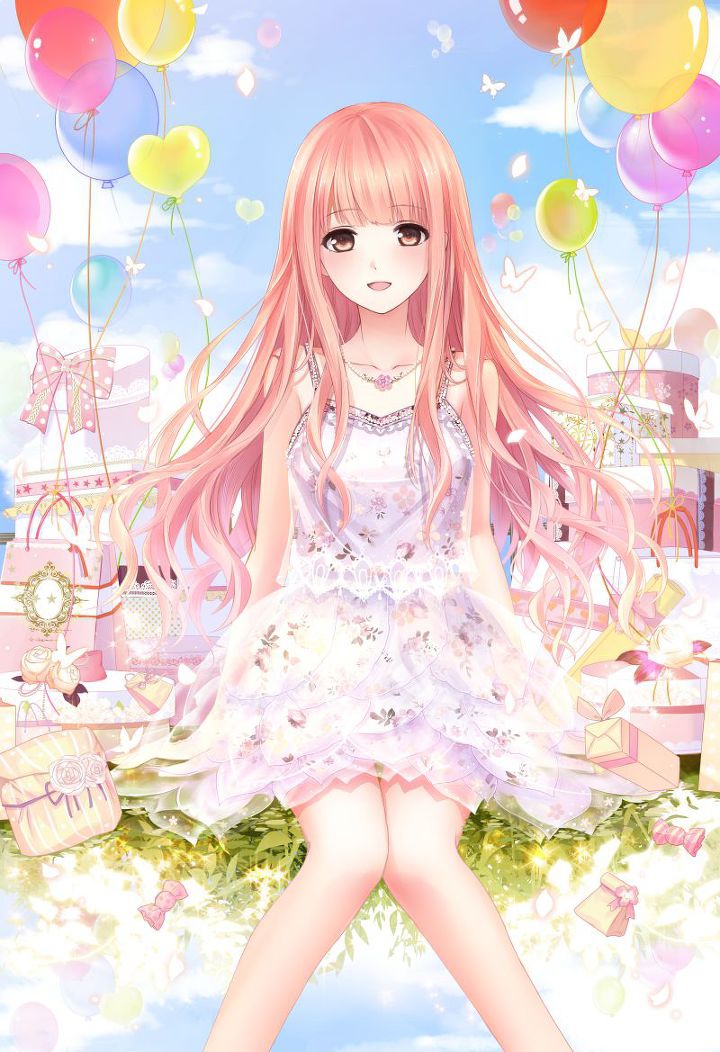 1girl artist_request bag balloon bare_arms bare_legs blue_sky blunt_bangs bug butterfly candy cloud collarbone day dress feet_out_of_frame floral_print flower flower_necklace food game_cg gift happy insect jewelry light_blush light_particles long_hair looking_at_viewer miracle_nikki necklace nikki_(nikki) nikki_(series) official_art on_grass open_mouth outdoors petals pile pink_flower pink_hair pink_rose rose rose_print short_dress sidelocks sitting sky sleeveless sleeveless_dress smile solo third-party_source very_long_hair white_dress