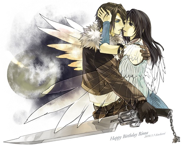1boy 1girl arm_ribbon artist_name belt black_eyes black_gloves black_hair black_jacket black_pants black_ribbon blue_eyes brown_belt brown_hair chain character_name commentary_request couple cropped_jacket dated dated_commentary detached_sleeves feathered_wings final_fantasy final_fantasy_viii from_side fur-trimmed_jacket fur_trim gloves gunblade hair_over_shoulder happy_birthday hetero hinokami holding holding_weapon imminent_kiss jacket long_hair long_sleeves midriff_peek multiple_belts open_clothes open_jacket pants parted_lips ribbon rinoa_heartilly scar scar_on_face shirt short_hair sleeveless_duster squall_leonhart thigh_strap translucent upper_body weapon white_fur white_shirt wings