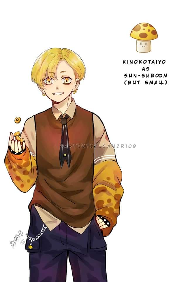1boy baggy_clothes beige_shirt bell bell_chain black_necktie blonde_hair blue_pants brown_sweater_vest chain character_name coin coins collared_shirt commentary_request cowboy_shot ear_piercing earrings flipping_coin gold_earrings hands_in_pockets holding holding_coin humanization jewelry looking_at_viewer male_focus multicolored_shirt multiple_earrings mushroom necktie orange_shirt pants parted_lips personification piercing plants_vs_zombies pocket reka-san shirt short_hair simple_background smile sun-shroom_(plants_vs_zombies) sweater_vest tagme teeth tossing white_background wristband yellow_eyes yellow_shirt