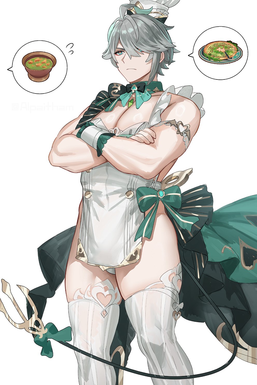 1boy alhaitham_(genshin_impact) alpaitham aqua_bow aqua_bowtie aqua_eyes aqua_hair black_bow black_bowtie black_cape bow bowl bowtie bulge cape cosplay crossed_arms escoffier_(genshin_impact) escoffier_(genshin_impact)_(cosplay) food genshin_impact green_cape grey_hair hair_between_eyes hair_over_one_eye hat highres male_focus multicolored_hair overalls plate short_hair solo thighhighs trap white_background white_hat white_overalls white_thighhighs