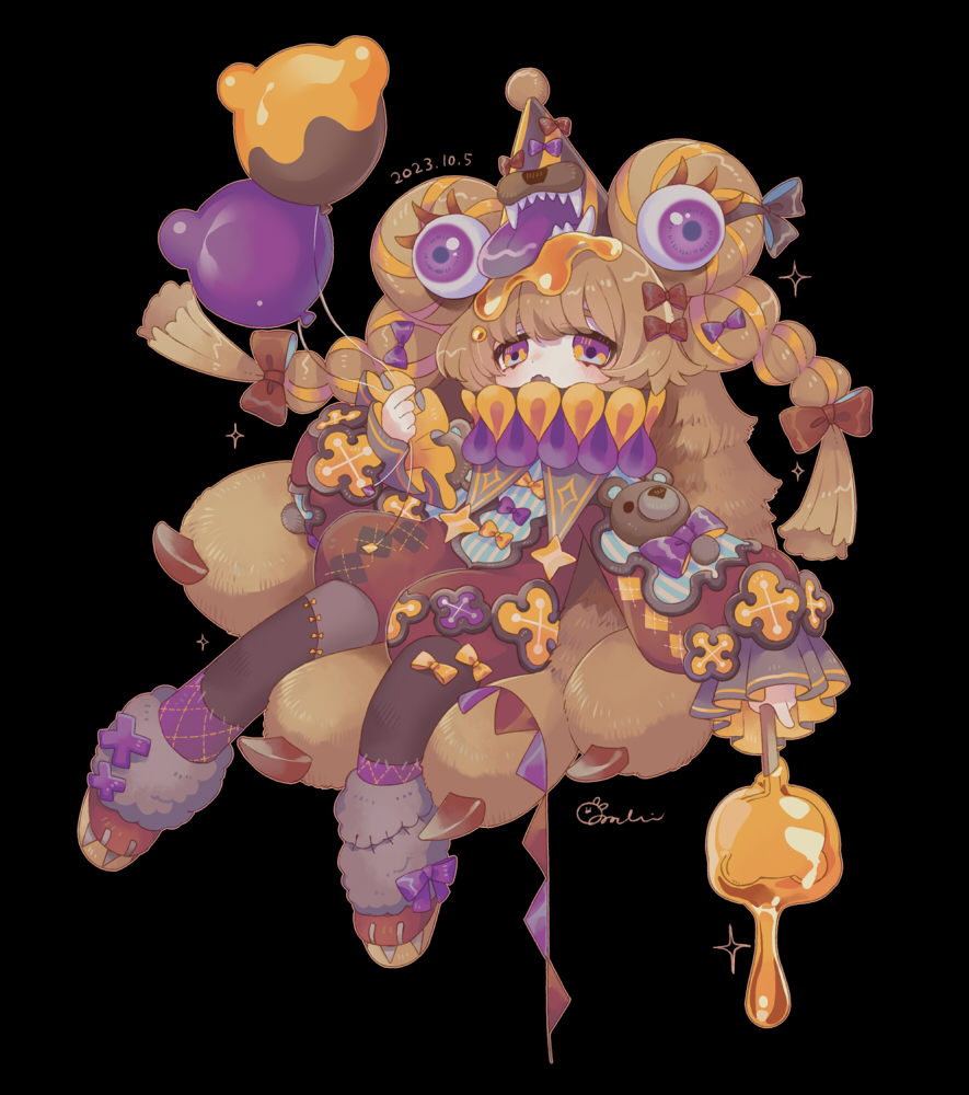 1girl animal_balloon animal_hands asymmetrical_legwear balloon black_background black_pantyhose black_thighhighs blunt_ends bow braid brown_hair claws commentary dated extra_mouth eyeball eyeball_hair_ornament full_body hair_bow hat holding holding_balloon honey leg_warmers living_hair long_hair long_sleeves looking_at_viewer multicolored_eyes neck_ruff open_mouth original pantyhose party_hat puffy_long_sleeves puffy_sleeves purple_eyes red_romper romper sharp_teeth signature simple_background single_thighhigh sitting solo sorata123 sparkle tareme teeth thighhighs tongue tongue_out twin_braids uneven_legwear
