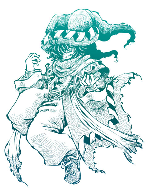 1boy aqua_theme baggy_pants bracer braid character_request check_copyright copyright_request evil_grin evil_smile floating_clothes floating_hair full_body fuyuzato_seia grin hair_over_one_eye hat jester_cap long_hair long_sleeves looking_at_viewer magical_vacation male_focus monochrome pants robe scarf shoes simple_background single_braid smile sneakers solo torn_clothes torn_robe white_background wide_sleeves