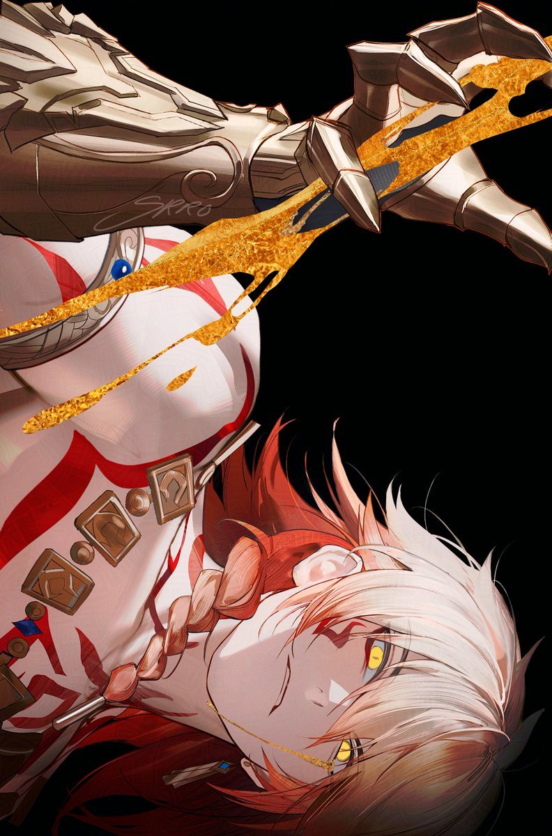 1boy arm_tattoo armlet black_background black_coat blonde_hair braid chest_tattoo clawed_gauntlets coat commentary earrings facial_tattoo gold_earrings gold_necklace gradient_hair hair_between_eyes highres honkai:_star_rail honkai_(series) jewelry liquid_gold male_focus medium_hair multicolored_hair mydei_(honkai:_star_rail) necklace open_clothes open_coat red_hair red_tattoo side_braid sideways simple_background solo srro_yo tattoo yellow_eyes