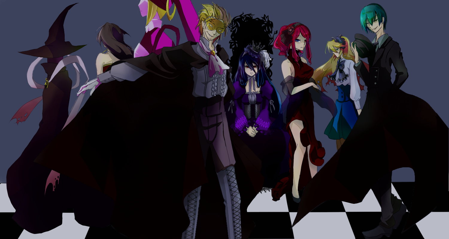 arc_system_works bare_shoulders black_hair blazblue blazblue:_calamity_trigger blazblue:_continuum_shift blonde_hair breasts coat dress formal_clothes green_eyes green_hair hades_izanami hat hazama heterochromia ignis_(blazblue) litchi_faye_ling mask mikado_(blazblue) mu-12 orange_eyes phantom_(blazblue) purple_hair red_hair relius_clover suit tsubaki_yayoi yellow_eyes