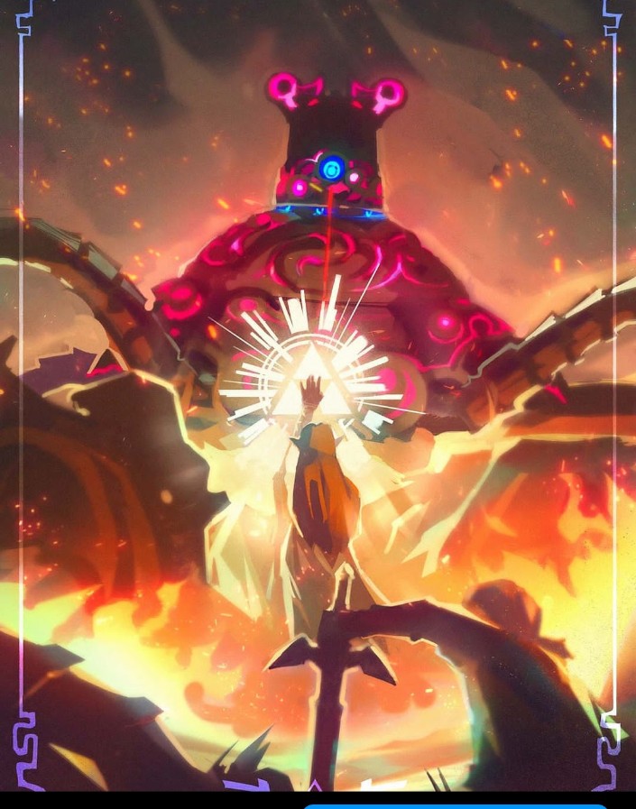 1boy 1girl dress embers fire from_behind glowing guardian_(zelda) holding holding_sword holding_weapon jay_(inkeyjay) laser link long_hair magic nintendo official_alternate_costume outdoors planted planted_sword planted_weapon ponytail princess_zelda standing sword the_legend_of_zelda the_legend_of_zelda:_breath_of_the_wild triforce weapon white_dress