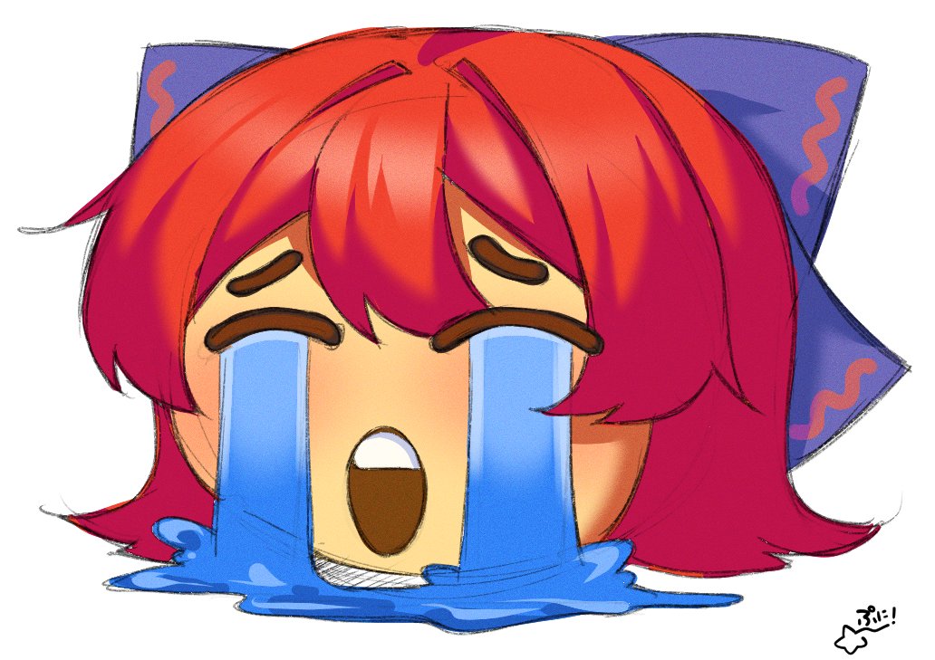 1girl blue_bow bow colored_skin commentary crying crying_emoji disembodied_head emoji hair_bow head_only meme open_mouth punidayo red_hair sekibanki simple_background solo streaming_tears symbol-only_commentary tears teeth touhou uohhhhhhhhh!_(meme) upper_teeth_only white_background yellow_skin