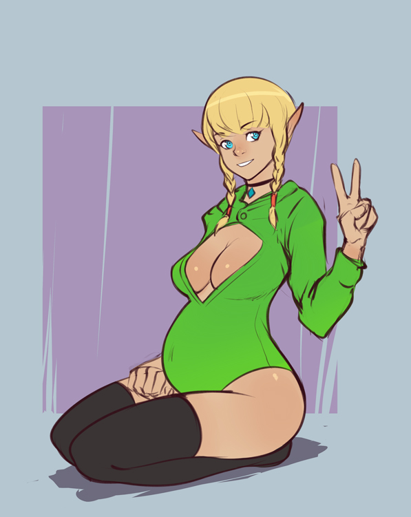 1girl black_thighhighs blonde_hair blue_eyes braid breasts choker cleavage cleavage_cutout clothing_cutout female_focus full_body hyrule_warriors izra leotard linkle long_hair long_sleeves medium_breasts nintendo pointy_ears pregnant seiza sitting solo the_legend_of_zelda thighhighs twin_braids v