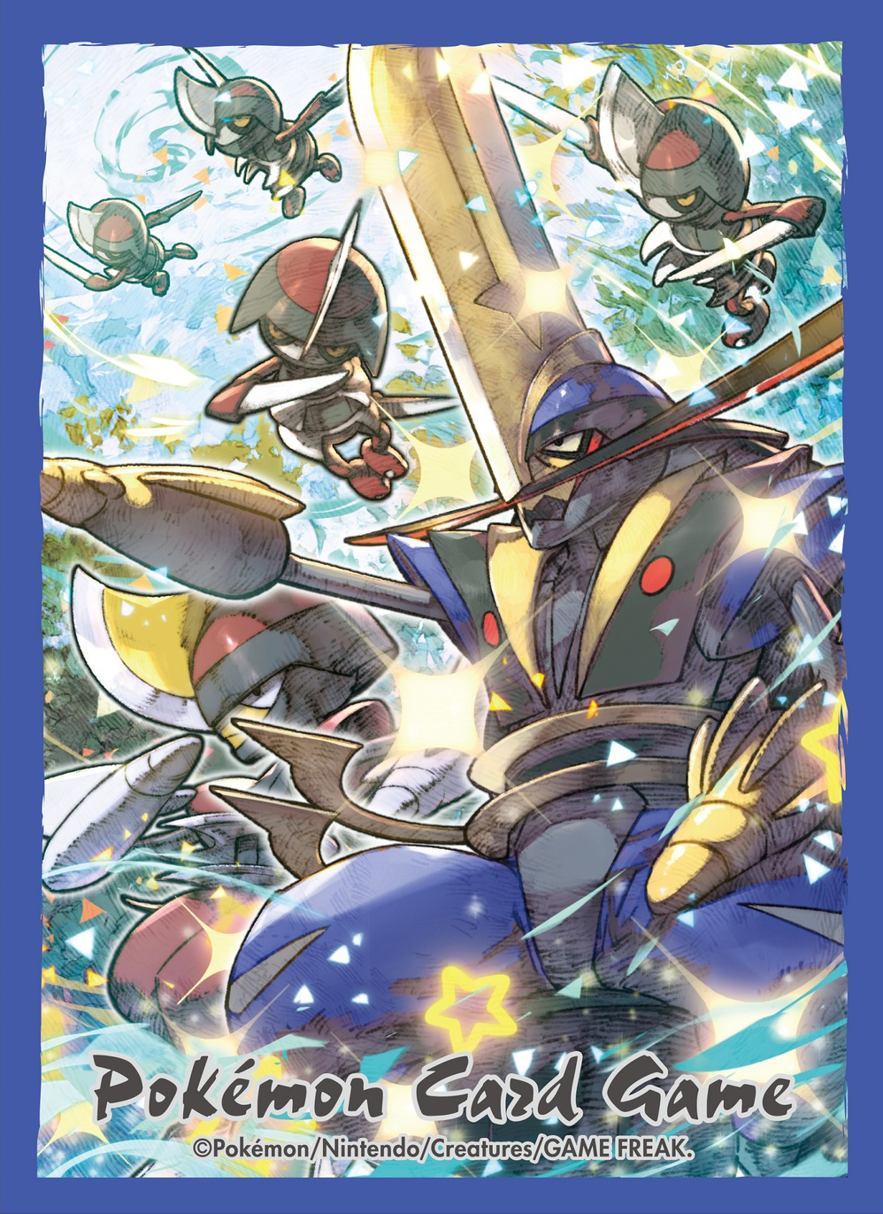 alternate_color arm_blade bisharp blue_border border closed_mouth colored_sclera colored_skin copyright_name copyright_notice evolutionary_line facial_hair gen_5_pokemon gold hand_on_own_leg highres horns kazama_raita kingambit multicolored_skin mustache nintendo no_humans official_alternate_color official_art open_mouth outstretched_arm pawniard pokemon pokemon_(creature) pokemon_tcg shiny_pokemon single_horn sitting sparkle star_(symbol) weapon yellow_sclera