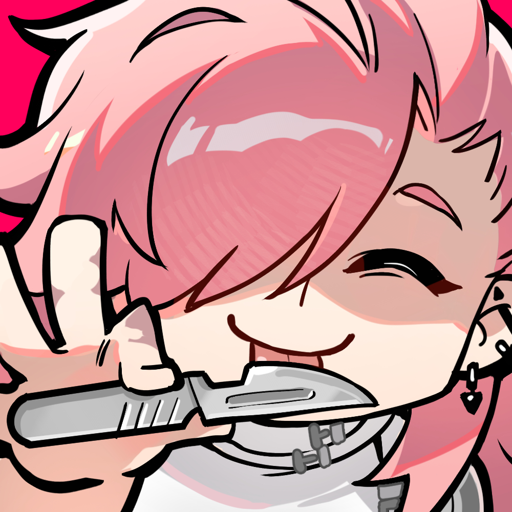 1boy artist_request chibi chibi_only chinese_commentary closed_eyes girls&#039;_frontline girls&#039;_frontline_neural_cloud licking licking_blade licking_weapon male_focus official_art partially_shaded_face pink_hair salmon_(neural_cloud) scalpel second-party_source solo tongue tongue_out weapon