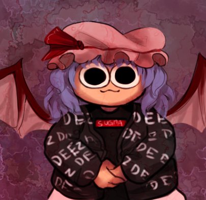 1girl bat_wings black_jacket black_shirt brand_name_imitation chibi commentary deez_nuts_(meme) down_jacket drip_(meme) embodiment_of_scarlet_devil english_commentary goruposstudios hat hat_ribbon jacket letterboxed looking_at_viewer lowres meme mob_cap portrait purple_hair quiu_bagan remilia_scarlet ribbon shirt smug solo supreme_(brand) text_print touhou upper_body wings