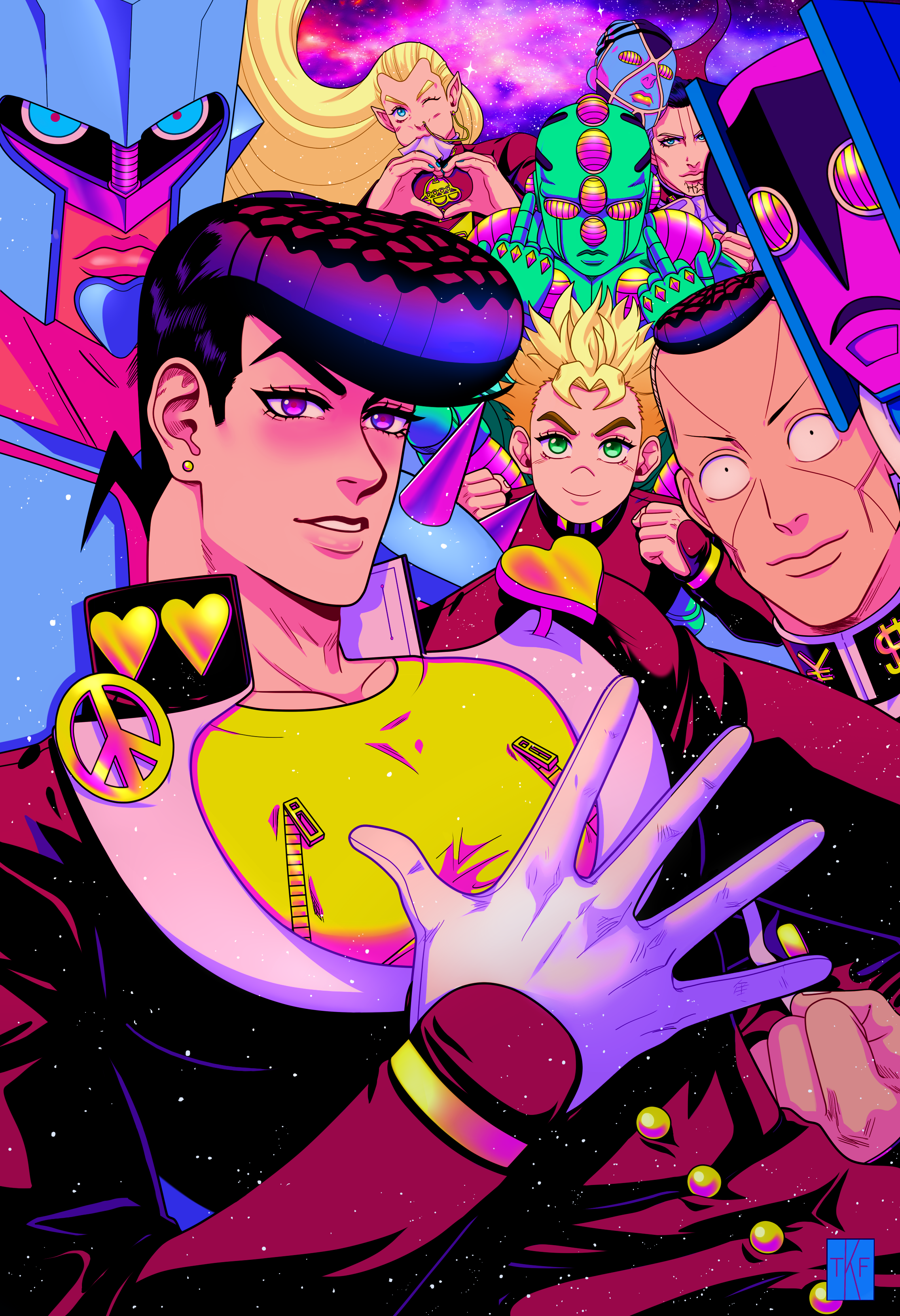 absurdres aqua_eyes blonde_hair blue_hair clenched_hand clenched_hands crazy_diamond dollar_sign ear_piercing earrings eating echoes_(stand) echoes_act3 facial_hair facial_mark fungami_yuya gakuran gloves green_eyes hazekura_mikitaka heart higashikata_josuke highres highway_star_(stand) hirose_koichi jewelry jojo_no_kimyou_na_bouken long_hair middle_finger nijimura_okuyasu nose_piercing peace_symbol piercing pointy_ears pompadour purple_eyes purple_hair school_uniform single_glove sky smile stand_(jojo) star_(sky) starry_sky stud_earrings tariah_furlow the_hand_(stand) white_gloves yen_sign zipper