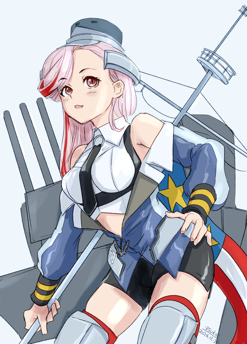 1girl 4suke american_flag black_necktie black_shorts blue_jacket breasts flag headgear highres holding holding_flag jacket kantai_collection long_hair massachusetts_(kancolle) midriff multicolored_hair necktie nekopaint_(medium) off_shoulder one-hour_drawing_challenge pink_hair red_eyes rigging ship_turret shirt short_shorts shorts simple_background sleeveless sleeveless_shirt solo streaked_hair