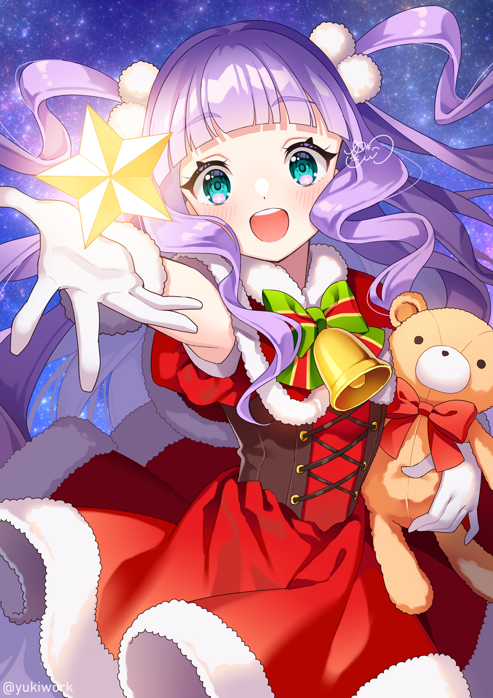 1girl alternate_costume aqua_hair artist_name bell bow bowtie capelet christmas commentary cowboy_shot cure_majesty dress ellee-chan english_commentary fur-trimmed_capelet fur-trimmed_dress fur-trimmed_gloves fur_trim gloves green_bow green_bowtie highres hirogaru_sky!_precure holding holding_stuffed_toy long_hair looking_at_viewer neck_bell night night_sky offering_hand open_mouth outdoors precure purple_hair reaching reaching_towards_viewer red_capelet red_dress santa_costume santa_dress short_dress short_sleeves signature sky smile solo standing star_(symbol) stuffed_animal stuffed_toy teddy_bear twitter_username two_side_up very_long_hair white_gloves yukinko_(yukiwork)