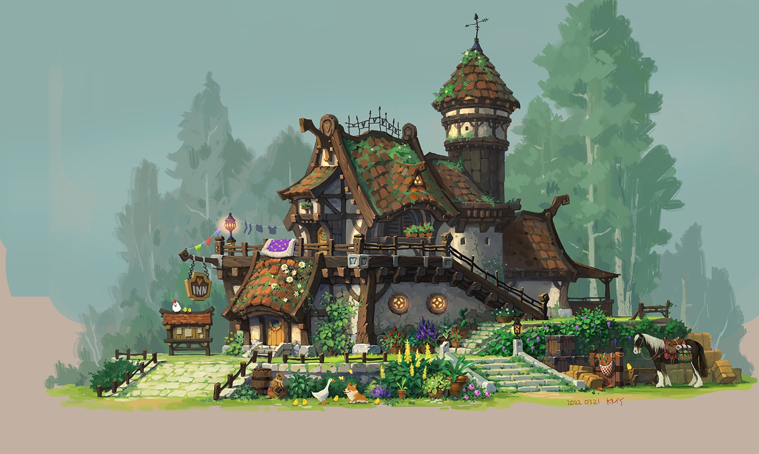 barrel bench bird chicken dated day dog door flower goose hay_bale horse house inn kmydoodler lantern moss no_humans outdoors plant railing saddle scenery stairs tree trough vines window