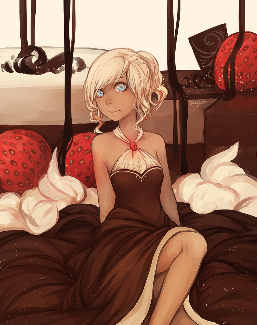 1girl arms_at_sides artist_name bare_shoulders blonde_hair blue_eyes brown_dress cake chocolate chocolate_syrup dark-skinned_female dark_skin dress female_focus food fruit halterneck high_ponytail long_dress mini_person minigirl original oversized_object ponytail sangcoon sidelocks signature sitting solo strawberry swept_bangs whipped_cream yokozuwari