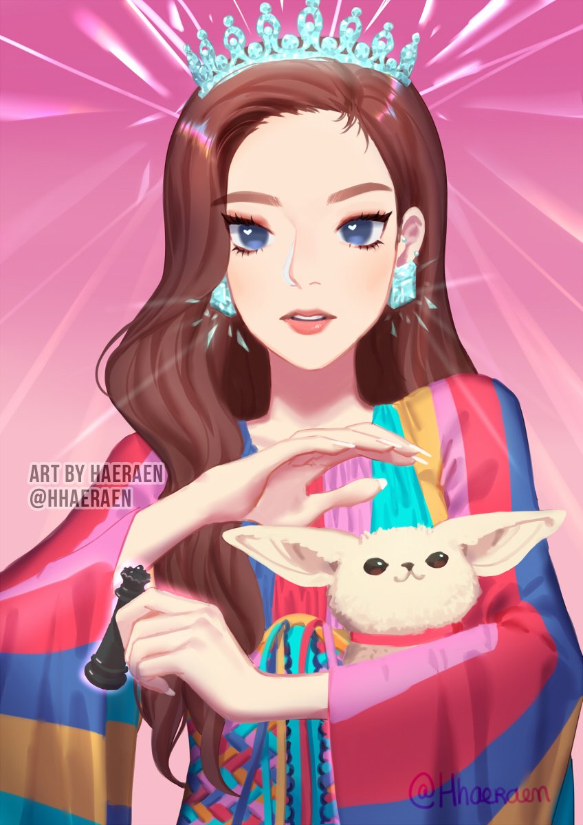 1girl blackpink blue_eyes chess_piece commentary crown dog dress earrings hhaeraen highres holding holding_chess_piece jennie_(blackpink) jewelry k-pop long_sleeves looking_at_viewer multicolored_dress parted_lips real_life solo twitter_username upper_body