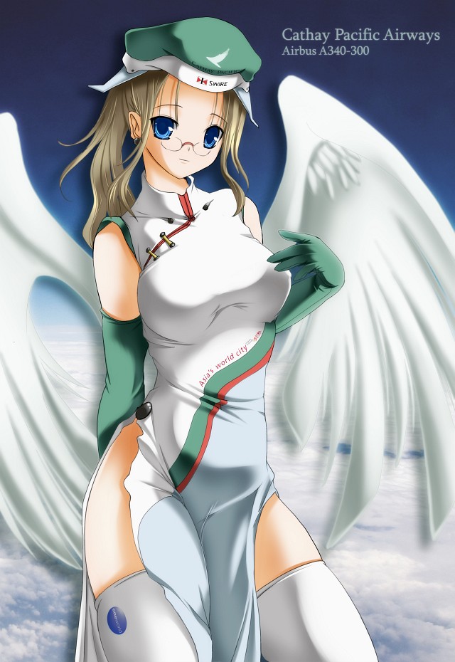 1girl 2000s_(style) airbus airbus_a340 aqua_gloves aqua_hat archived_source arm_behind_back ashita_yaru blue_eyes blue_sky breasts cathay_pacific china_dress chinese_clothes closed_mouth clothes_writing cloud commentary_request cowboy_shot dress earrings elbow_gloves feathered_wings gloves hand_up hat jewelry light_brown_hair light_smile long_hair looking_at_viewer medium_breasts multicolored_dress original pelvic_curtain personification photo_background ponytail rimless_eyewear sky sleeveless sleeveless_dress solo standing thighhighs white_thighhighs white_wings wings
