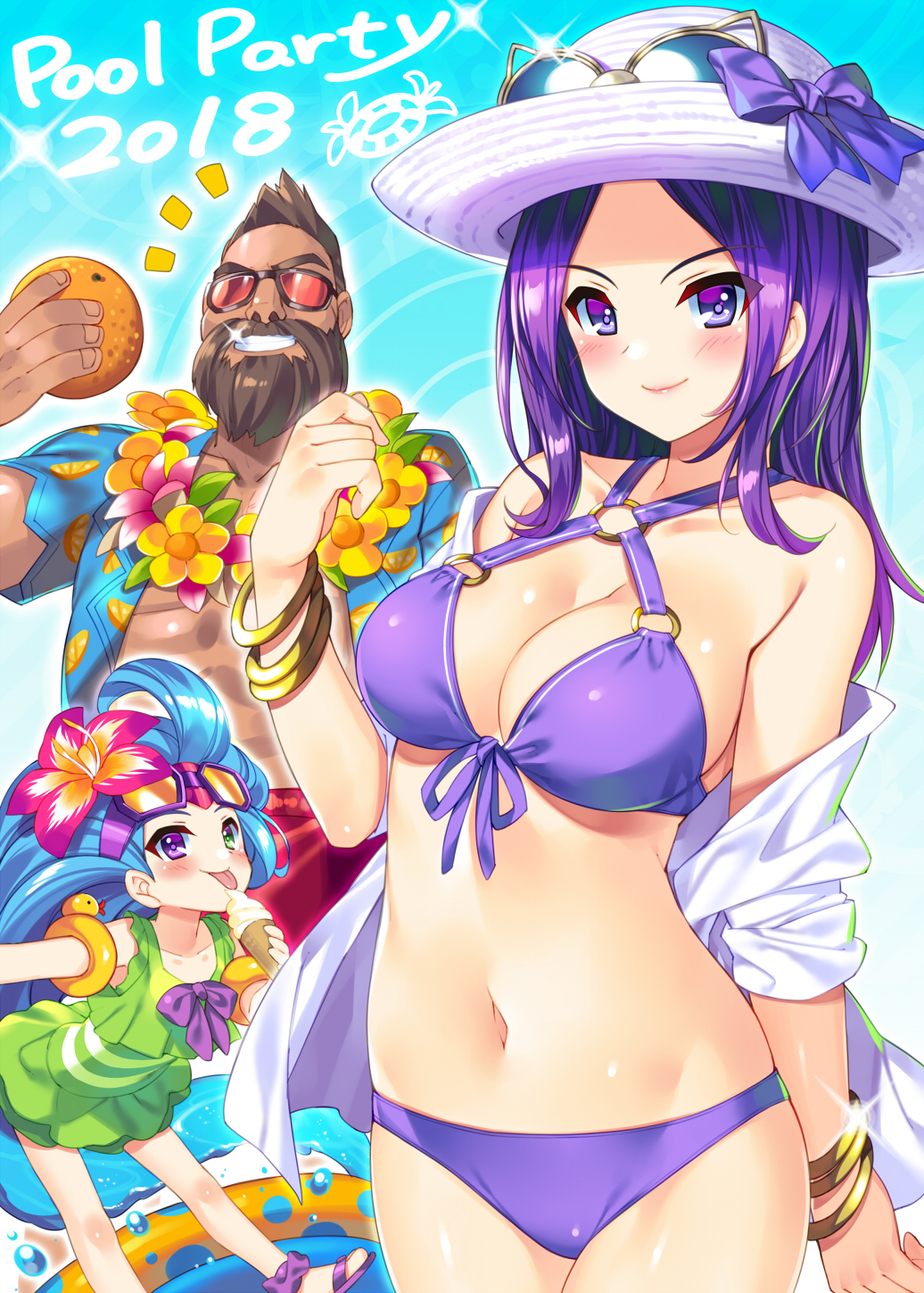 1boy 1girl 2018 2girls bangle bare_shoulders bikini blush bow bowtie bracelet breasts bucchake_(asami) caitlyn_(league_of_legends) cleavage flower food fruit gangplank_(league_of_legends) graves_(league_of_legends) hair_flower hair_ornament hat highres ice_cream innertube jewelry league_of_legends multiple_girls navel o-ring o-ring_bikini off_shoulder orange_(fruit) pool_party_caitlyn pool_party_gangplank pool_party_graves pool_party_zoe smile sunglasses swim_ring swimsuit zoe_(league_of_legends)