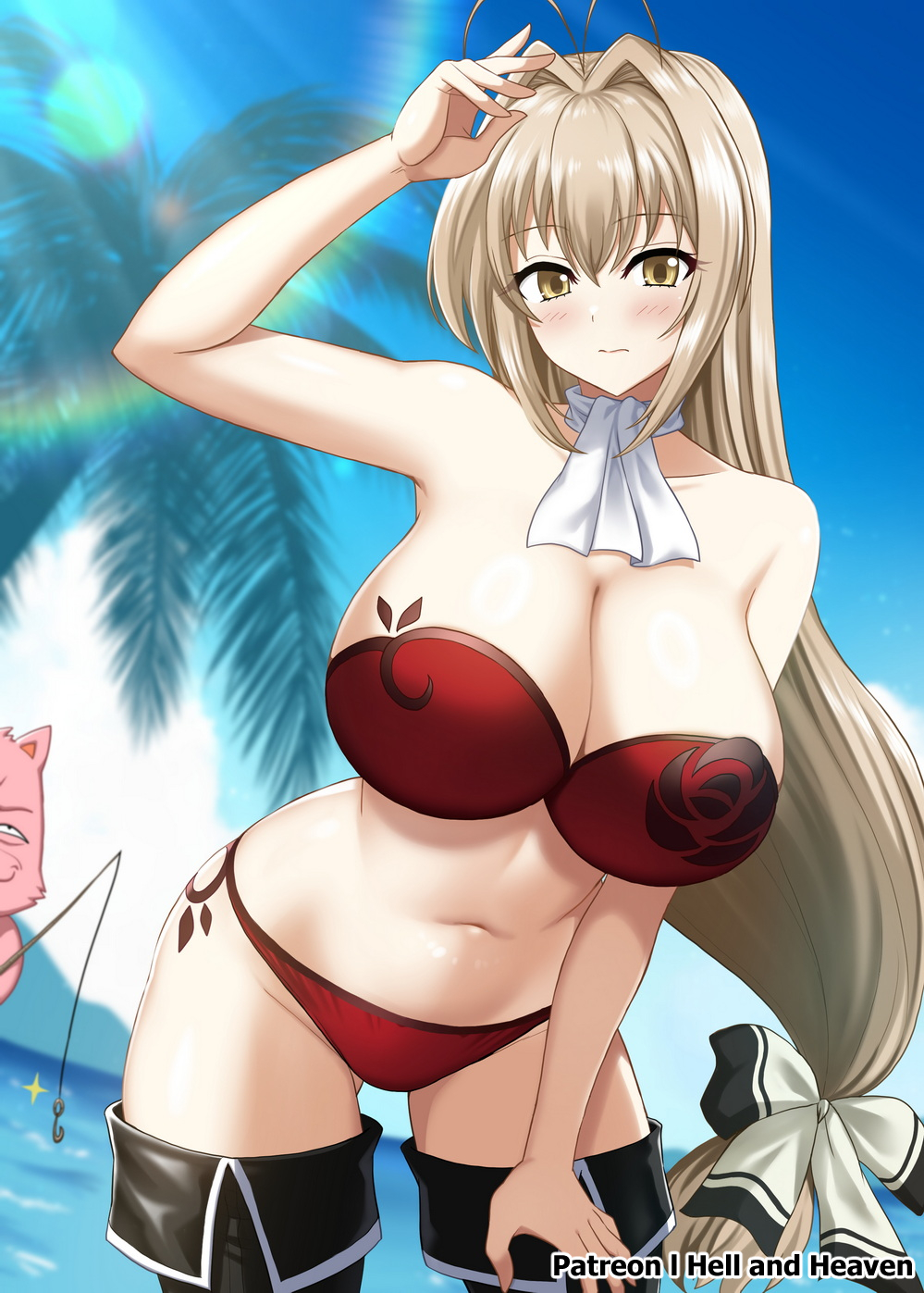 1girl amagi_brilliant_park antenna_hair ascot bikini boots bow breasts brown_hair cleavage closed_mouth cloud collarbone hair_bow hair_intakes hellandheaven highres large_breasts long_hair navel ocean palm_tree patreon_username red_bikini sento_isuzu sky stomach swimsuit thigh_boots tiramii tree very_long_hair white_ascot white_bow yellow_eyes