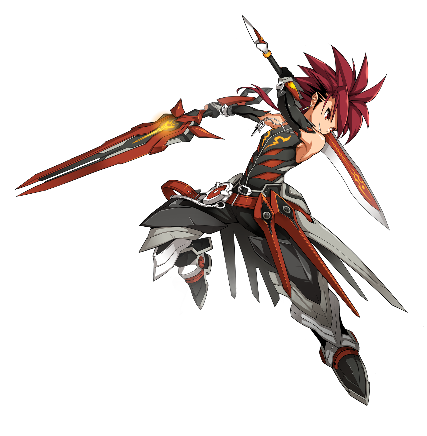 1boy armor armored_boots asymmetrical_hair bare_shoulders belt belt_buckle black_belt black_boots black_gloves black_pants black_shirt black_sleeves boots bracelet buckle detached_sleeves determined dual_wielding elsword elsword_(character) faulds fighting_stance floating_clothes floating_hair full_body game_cg gloves highres holding holding_over_opposite_shoulder holding_sword holding_weapon huge_weapon jewelry knee_pads knee_up long_hair long_sleeves long_sword low_ponytail male_focus multiple_belts necklace official_art over_shoulder pants ponytail red_belt red_eyes red_hair ress second-party_source shirt sleeveless sleeveless_shirt smirk solo spiked_hair sword teeth transparent_background tsurime weapon weapon_over_shoulder