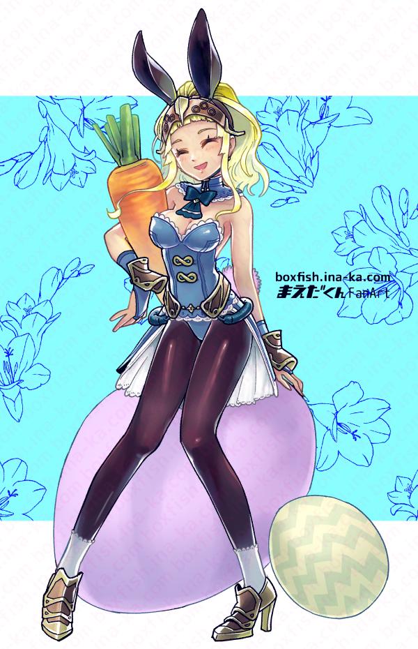 1girl adapted_costume animal_ears black_pantyhose blonde_hair breasts carrot clair_(fire_emblem) cleavage closed_eyes easter_egg egg fake_animal_ears female_focus fire_emblem fire_emblem_echoes:_shadows_of_valentia fire_emblem_heroes full_body helmet high_heels holding long_hair maedakun medium_breasts nintendo open_mouth pantyhose ponytail rabbit_ears sitting solo