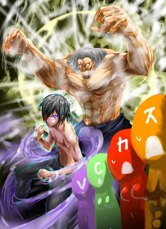 2boys 4boys abs aura beard black_hair breasts c.c. charles_zi_britannia code_geass crazy_eyes drawfag drill_hair epic facial_hair fingernails geass glowing glowing_eyes grey_hair hokuto_no_ken kouzuki_kallen kururugi_suzaku lelouch_vi_britannia male_focus manly multiple_boys muscular non-web_source pants parody purple_eyes short_hair source_request topless_male translated v.v. wig