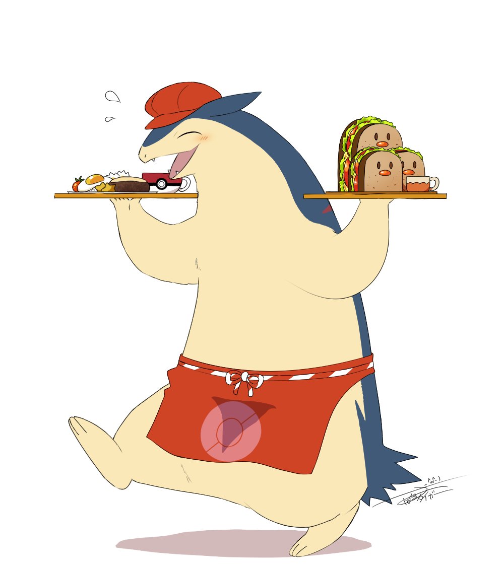 apron badger drink egg fangs food gen_2_pokemon hat holding holding_food multicolored_clothes nintendo no_humans open_mouth poke_ball poke_ball_(basic) pokemon pokemon_(creature) pokemon_cafe_remix sandwich signature smile solo sweat sweatdrop tiger_subaru typhlosion walking