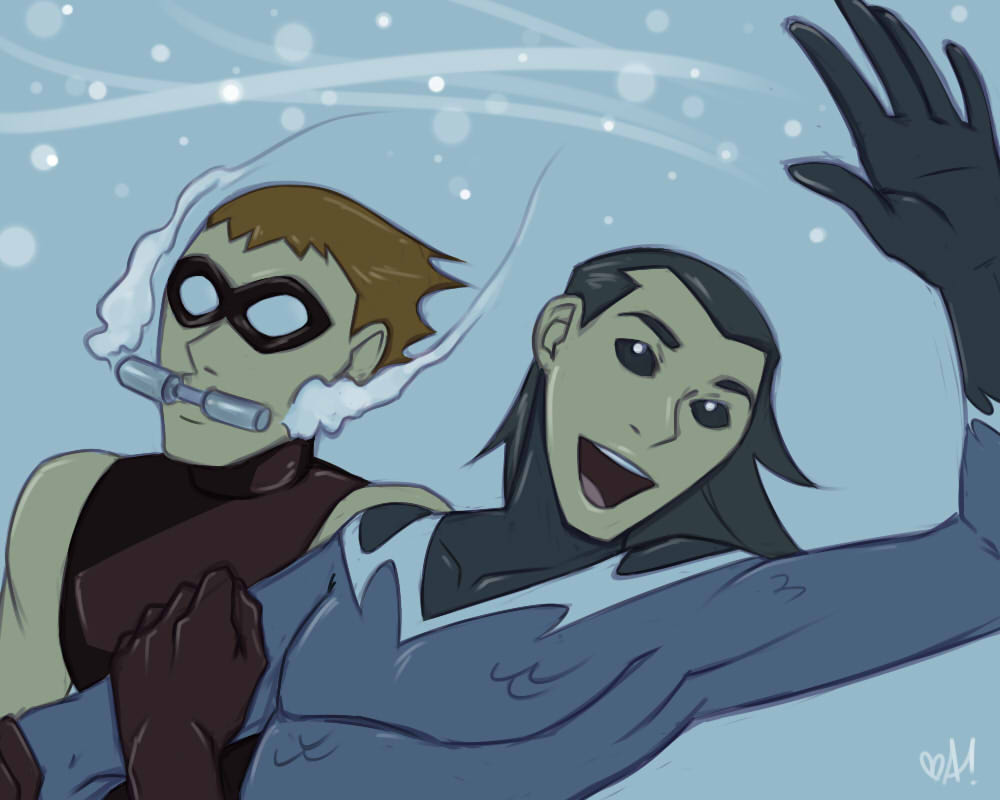 2boys aqua_lad black_hair cartoon_network dc_comics domino_mask garth male_focus mask multiple_boys orange_hair roy_harper sleeveless smile speedy swimming teen_titans underwater water