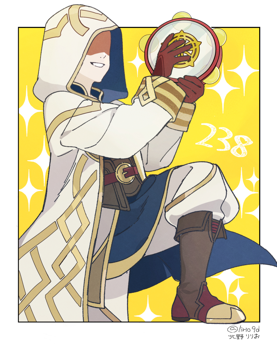 1boy boots brown_boots faceless faceless_male fire_emblem fire_emblem_heroes gloves hood hood_up hooded_robe instrument kiran_(fire_emblem) male_kiran_(fire_emblem) kitano_ririo leather leather_gloves nintendo robe smile solo sparkle_background tambourine yellow_background