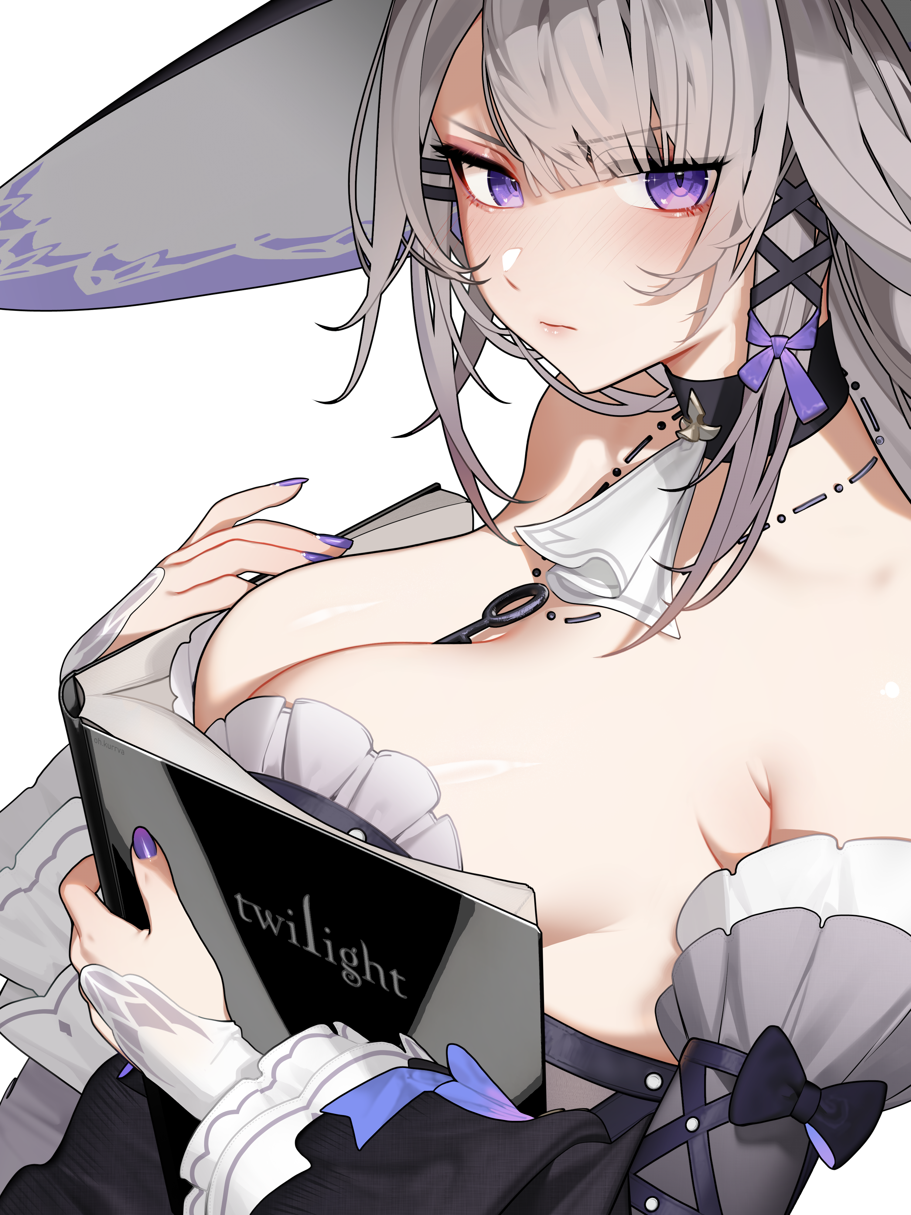 1girl absurdres armpit_crease ascot black_dress black_sleeves boobs_in_book_(meme) book breasts cleavage closed_mouth commentary detached_collar detached_sleeves dress fingernails from_side grey_hair hair_ornament hair_ribbon hairclip hat herta_(honkai:_star_rail) highres holding holding_book honkai:_star_rail honkai_(series) jewelry key key_necklace large_breasts long_fingernails long_sleeves looking_at_viewer meme nail_polish necklace ohkurrva open_book purple_eyes purple_nails purple_ribbon ribbon shiny_skin simple_background solo strapless strapless_dress the_herta_(honkai:_star_rail) twilight_(series) upper_body v-shaped_eyebrows white_ascot white_background x_hair_ornament