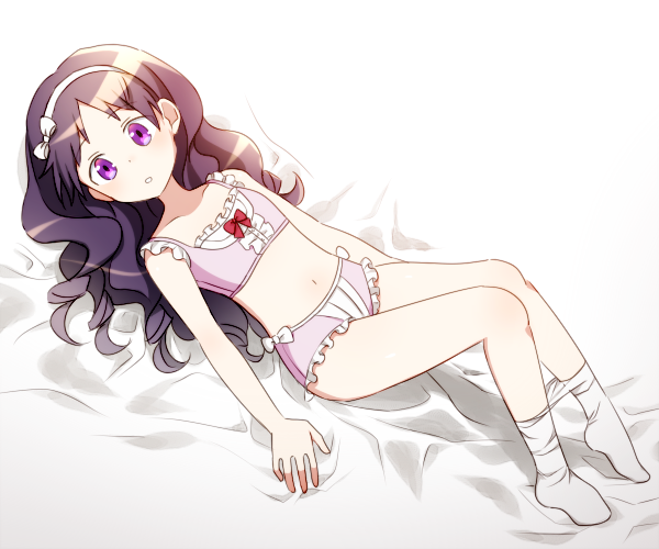 1girl bed bed_sheet blush chloe_ardenne chloe_no_requiem collarbone female_focus frills hairband long_hair looking_at_viewer lying navel on_back open_mouth poke_nk purple_eyes purple_hair sidelocks solo underwear white_background