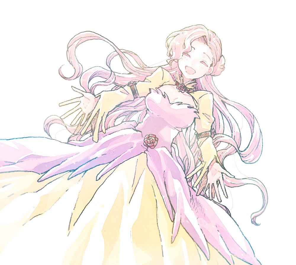 1girl breasts cleavage closed_eyes code_geass double_bun dress dress_flower euphemia_li_britannia facing_viewer flower hair_bun long_dress long_hair long_sleeves medium_breasts michibata_65 open_mouth outstretched_arms pink_dress pink_hair red_flower red_rose rose smile solo swept_bangs two-tone_dress upper_body wavy_hair white_background yellow_dress
