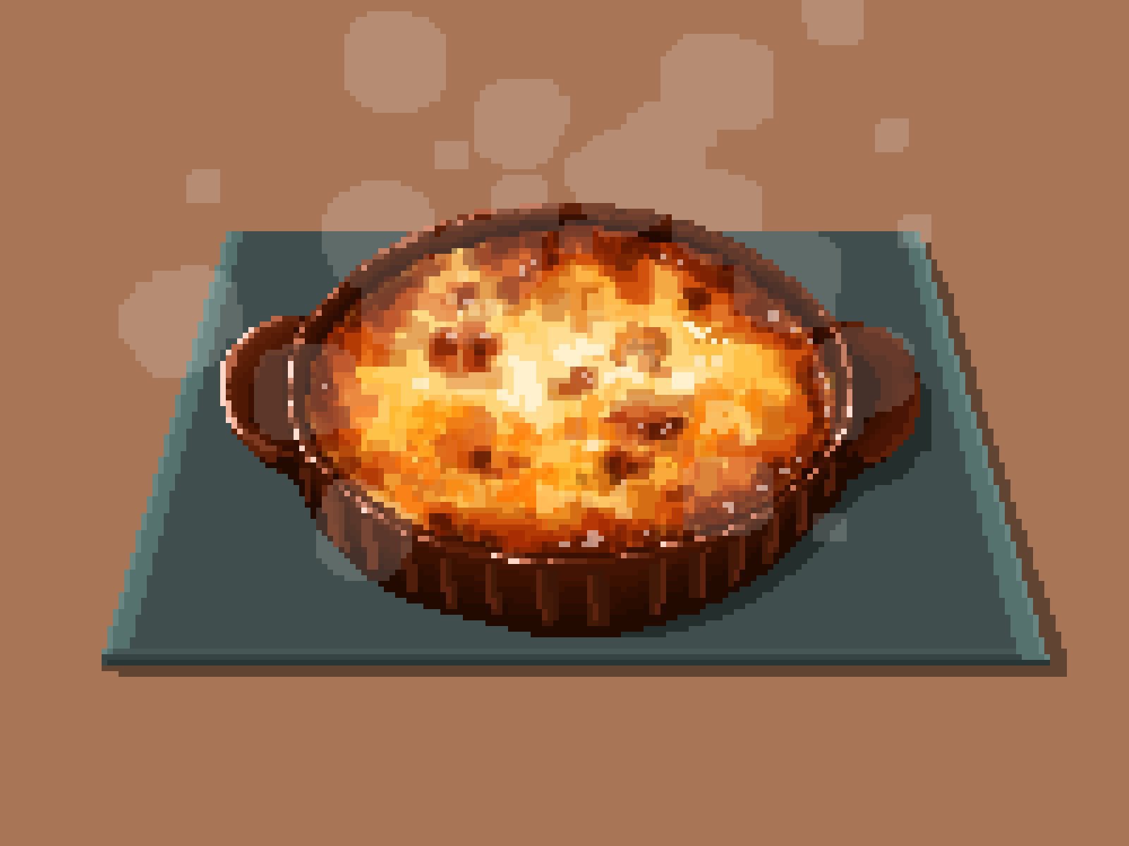 brown_background creme_brulee custard food food_focus highres hisachan55cute mat no_humans original pixel_art scenery simple_background steaming_food tray