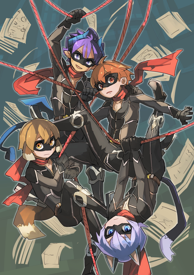 4boys animal_ears blue_hair blush brown_eyes brown_hair cat_boy cat_ears cat_tail demon_boy demon_tail demon_wings dog_boy dog_ears dog_tail forked_eyebrows full_body geetgeet hair_between_eyes horns ledo_vassar male_focus mask mini_wings multiple_boys open_mouth pointy_ears pop-up_story purple_eyes scarf selim_spark smile tail upside-down wings yuuri_lessen ziz_glover