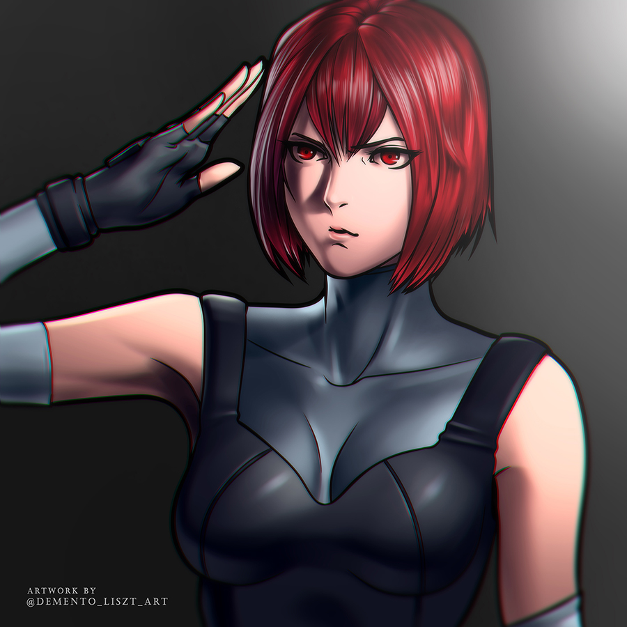 1girl artist_name black_shirt black_vest capcom collarbone commentary demento_liszt dino_crisis english_commentary english_text fingerless_gloves gloves looking_to_the_side red_eyes red_hair regina_(dino_crisis) salute serious shirt twitter_username vest
