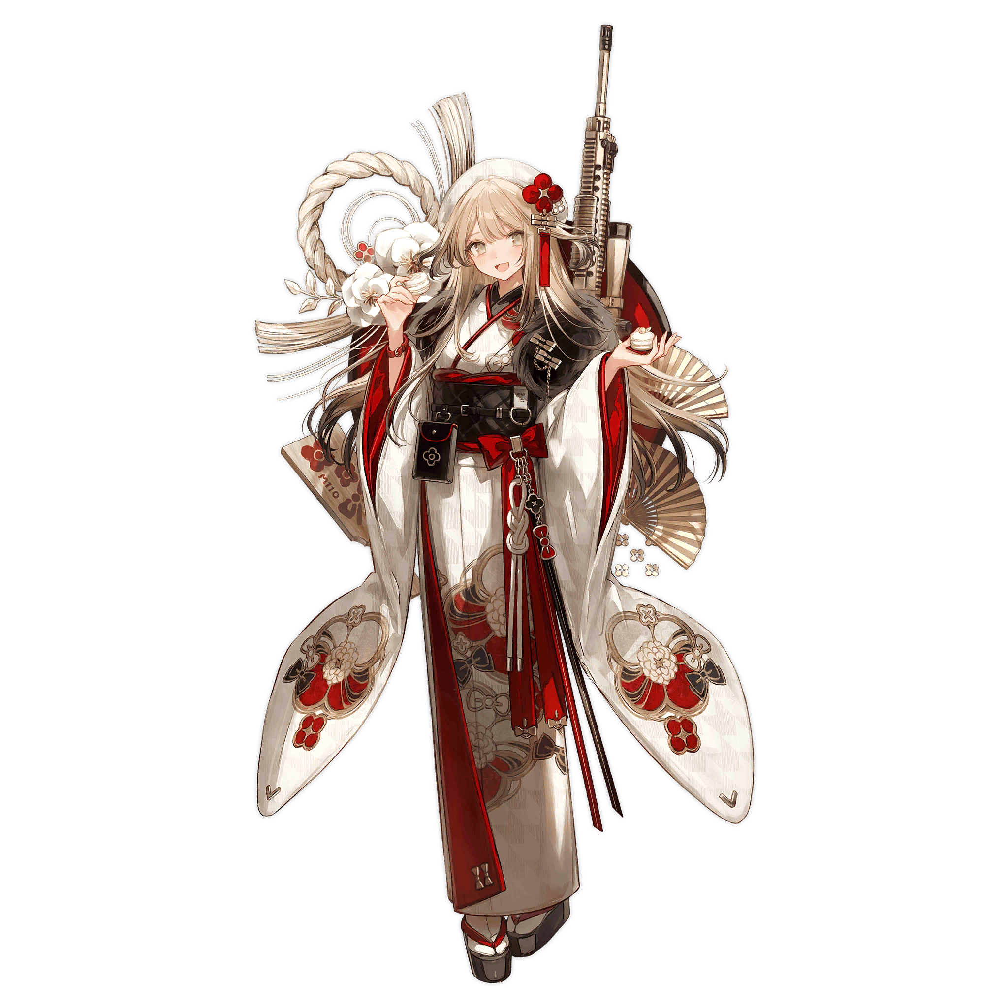 1girl :d beret black_bag black_hair black_sandals black_sash black_shawl blonde_hair bow_print chocoan colored_tips floral_print floral_print_kimono flower food full_body fur_shawl girls'_frontline gradient_hair grey_eyes gun hagoita hat highres holding holding_food japanese_clothes kimono layered_kimono light_blush long_hair long_sleeves looking_at_viewer m110_(girls'_frontline) m110_(honorable_spirit_in_red)_(girls'_frontline) m110_sass macaron multicolored_hair obi official_alternate_costume official_art okobo open_mouth paddle platform_sandals pouch print_kimono red_kimono rifle rope sandals sash shawl shimenawa simple_background smile sniper_rifle socks solo standing tabi third-party_source transparent_background very_long_hair weapon white_flower white_hat white_kimono white_socks wide_sleeves