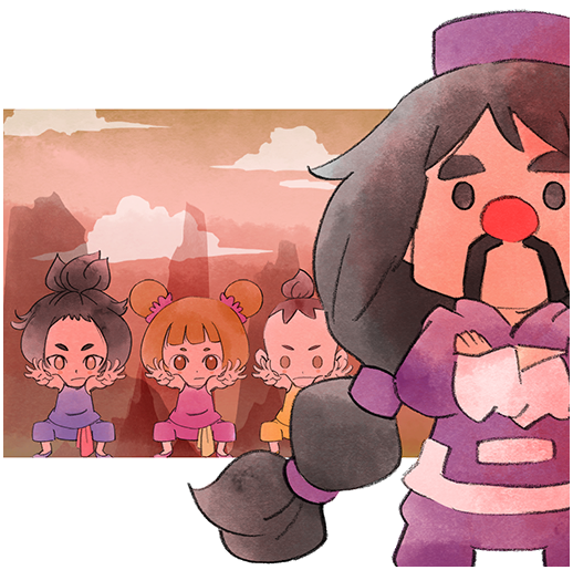 1girl 3boys black_eyes black_hair blue_pants blue_shirt brown_hair chinese_clothes cicada_(warioware) cloud crossed_arms double_bun hair_bun hat long_hair master_mantis mountainous_horizon multiple_boys nintendo official_art pants purple_headwear purple_pants red_nose shirt takeuchi_kou third-party_source topknot warioware warioware:_get_it_together! young_cricket