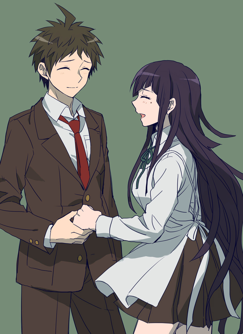 10s 1boy 1girl apron bad_id bad_pixiv_id black_hair closed_eyes danganronpa_(series) danganronpa_2:_goodbye_despair hetero hinata_hajime holding_hands long_hair mole mole_under_eye okuragon school_uniform smile tsumiki_mikan