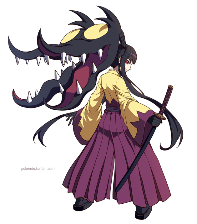 1other androgynous artist_name big_hair black_gloves black_hair black_sandals black_socks blunt_bangs bright_pupils closed_mouth extra_mouth from_behind full_body gen_3_pokemon gloves hakama happy holding holding_sword holding_weapon humanization japanese_clothes katana kimono living_hair long_hair long_sleeves looking_at_viewer looking_back mawile mega_mawile mega_pokemon nintendo open_mouth other_focus pokemio pokemon profile purple_hakama red_eyes sandals sharp_teeth sheath sheathed sidelocks simple_background smile socks solo standing sword teeth very_long_hair watermark weapon web_address white_background white_pupils wide_sleeves yellow_kimono