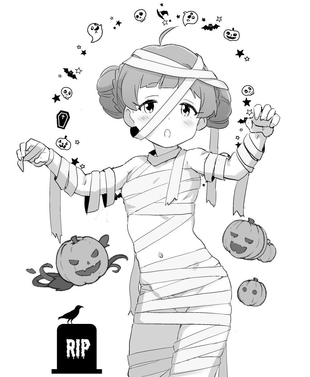 1girl :o ahoge bandaged_arm bandaged_chest bandaged_head bandaged_leg bandages bat_(animal) bird blush claw_pose commentary cowboy_shot crow dot_nose double_bun flat_chest ghost greyscale hair_bun hakozaki_serika halloween hands_up hat highres idolmaster idolmaster_million_live! jack-o&#039;-lantern looking_at_viewer midriff minazuki_tooru monochrome mummy_costume navel official_alternate_hairstyle panties pumpkin rest_in_peace_(phrase) skull solo star_(symbol) symbol-only_commentary thighs tombstone underwear white_background witch_hat
