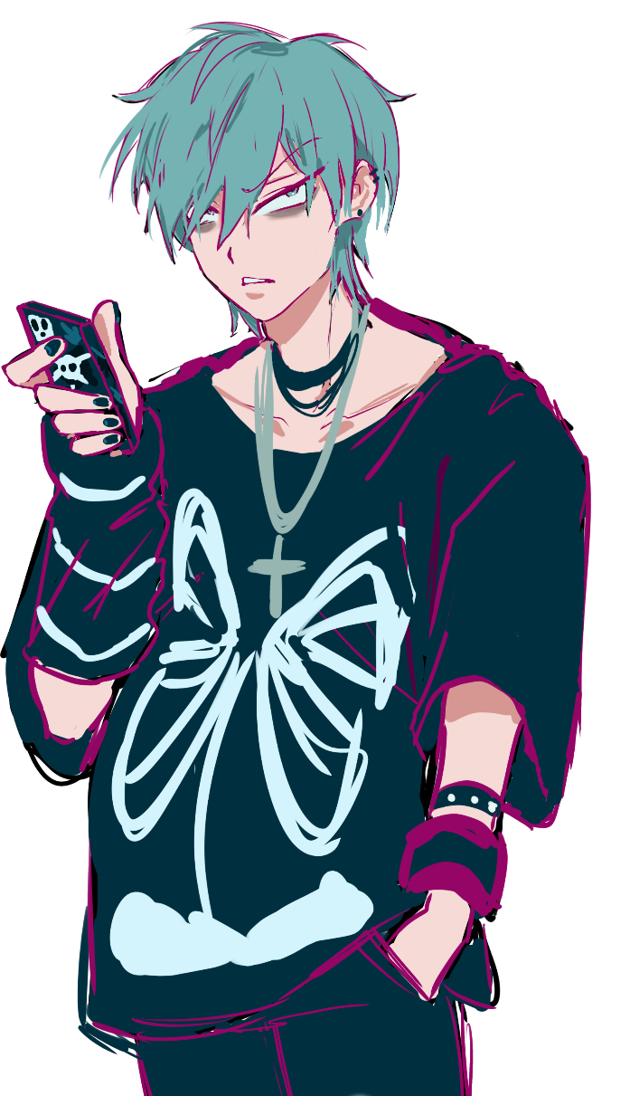 1boy alien_stage arm_warmers black_arm_warmers black_nails black_pants black_shirt cellphone commentary cross cross_necklace ear_piercing earrings english_commentary green_eyes grey_hair hand_in_pocket hawk_till highres holding holding_phone jewelry male_pregnancy necklace official_alternate_costume pants phone piercing shirt short_hair single_arm_warmer skeleton_print smartphone till_(alien_stage)