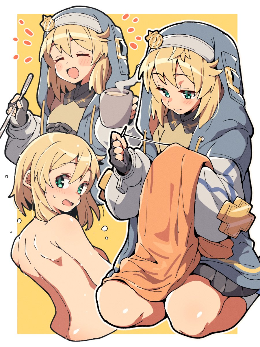 1boy back blonde_hair blush bridget_(guilty_gear) closed_mouth coffee coffee_mug cup embarrassed green_eyes guilty_gear guilty_gear_strive guilty_gear_strive:_dual_rulers highres holding holding_cup hood hood_up hooded_jacket hoodie itsuka_neru jacket light_blush looking_back male_focus miniskirt mug multiple_views needle nude open_clothes open_hoodie open_mouth sewing sewing_needle short_hair sitting skirt smile solo thighs trap