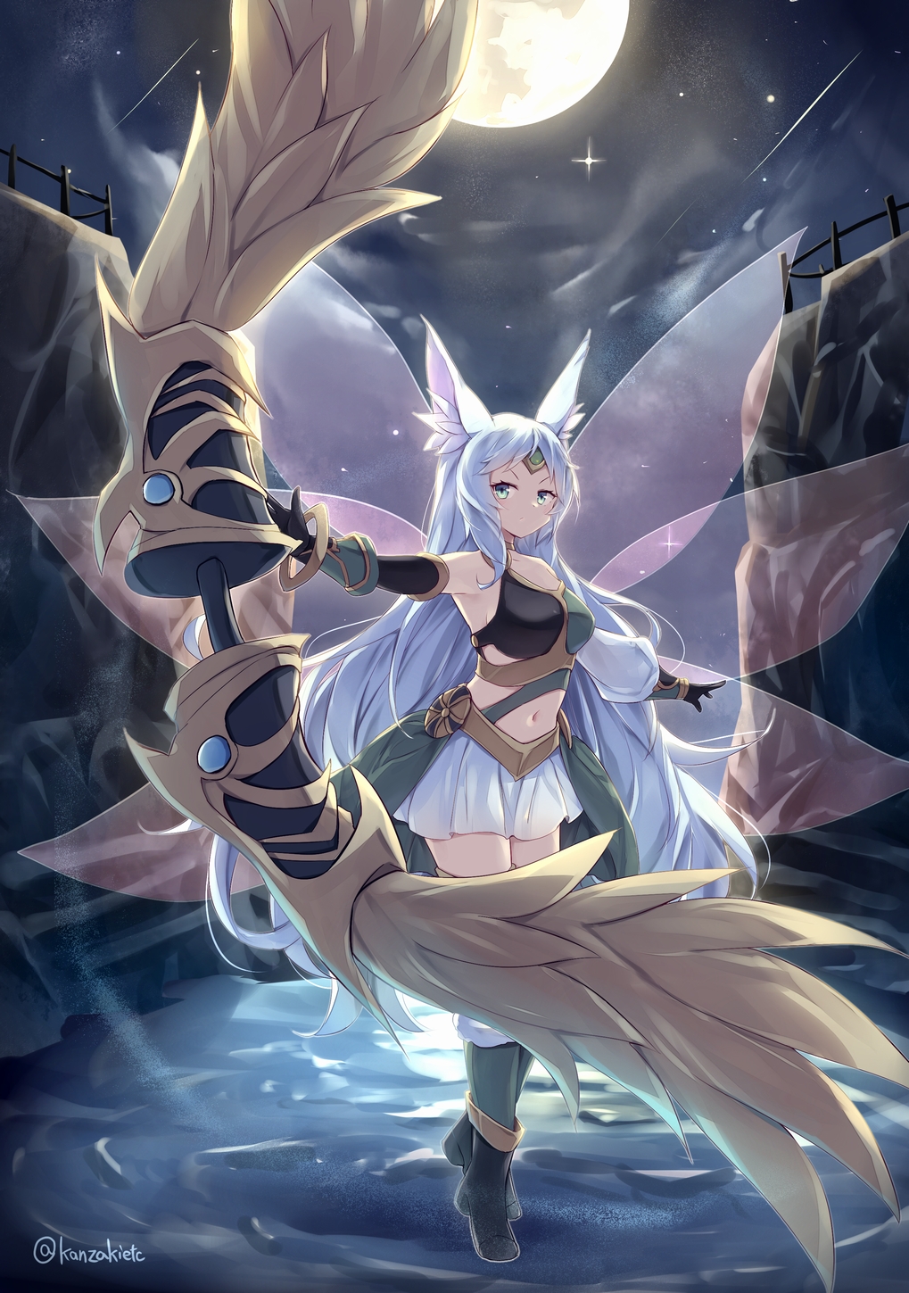 1girl animal_ear_fluff animal_ears apollousa_bow_of_the_goddess armor bare_shoulders black_gloves blue_eyes blue_hair bow_(weapon) breastplate breasts duel_monster fairy_wings full_body full_moon gloves highres holding holding_bow_(weapon) holding_weapon huge_weapon kanzakietc large_breasts miniskirt moon moonlight navel night skirt solo standing standing_on_liquid twitter_username weapon white_skirt wings yu-gi-oh!