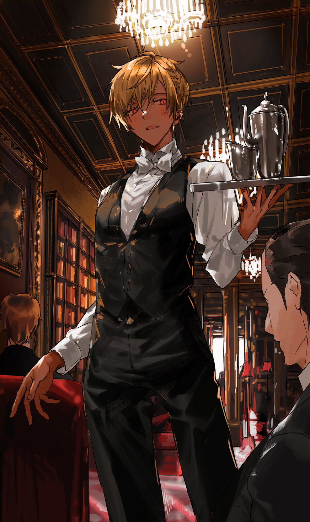 3boys black_pants black_vest blonde_hair blush bookshelf bow bowtie braid butler butler_(nana_tetra) chair chandelier commentary_request cowboy_shot cup dark_skin hair_between_eyes highres holding holding_plate indoors looking_at_another looking_down male_focus multiple_boys nana_tetra open_mouth original pants picture_frame plate red_eyes shirt short_hair single_braid solo_focus standing teacup teapot upper_body vest white_bow white_bowtie white_shirt