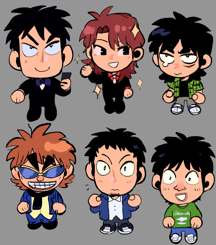 6+boys black_eyes black_hair black_jacket black_pants black_scarf black_shirt blazer blue-tinted_eyewear blue_footwear blue_jacket blue_pants chang_bowen chibi collared_shirt commentary english_commentary facial_hair facial_scar formal_clothes full_body goatee green_shirt grey_background grey_pants grin hyoudou_kazuya ichijou_seiya itou_kaiji jacket kaiji long_hair long_sleeves looking_at_viewer mario_garcia multiple_boys murakami_tamotsu necktie open_clothes open_shirt pants plaid_clothes plaid_shirt red_hair red_shirt scar scar_on_cheek scar_on_face scarf shirt shoes short_bangs short_hair short_sleeves simple_background smile sneakers sparkle suit tearing_up tinted_eyewear tzk6996 undershirt v-shaped_eyebrows white_necktie