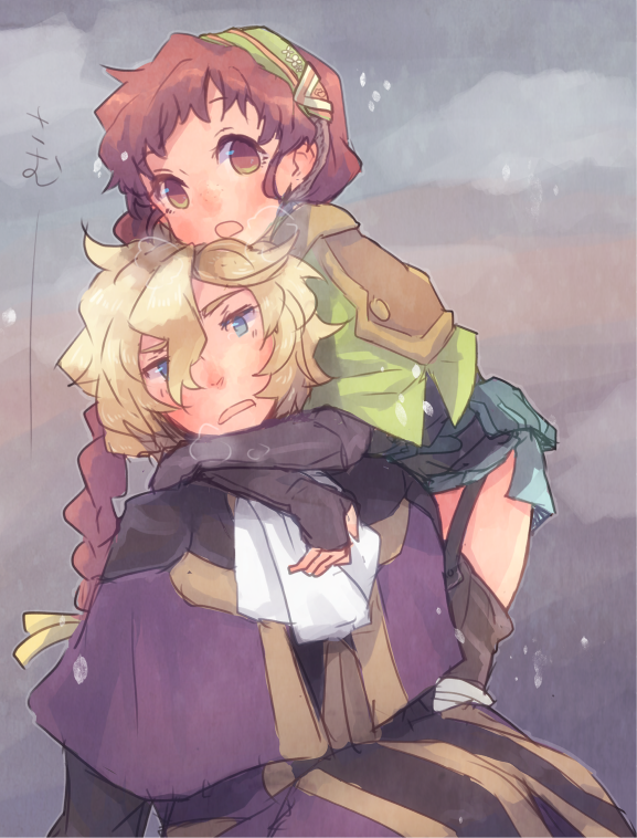 1boy 1girl aqua_skirt black_gloves blue_eyes blush braid braided_ponytail brown_eyes brown_hair brown_legwear capelet chin_rest couple crossed_arms elbow_gloves fingerless_gloves garter_straps gloves green_headband hair_between_eyes head_on_head headband hug isuzu_(log_horizon) log_horizon long_hair looking_at_viewer lunderhaus_cord miniskirt mo_(deciliter) open_mouth ponytail purple_capelet side_slit single_braid skirt thighs very_long_hair white_neckwear