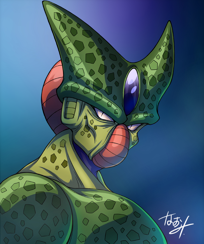 1boy blue_background cell_(dragon_ball) closed_mouth commentary_request dragon_ball dragonball_z imperfect_cell looking_at_viewer looking_to_the_side male_focus naomi_(nplusn) signature slit_pupils solo upper_body