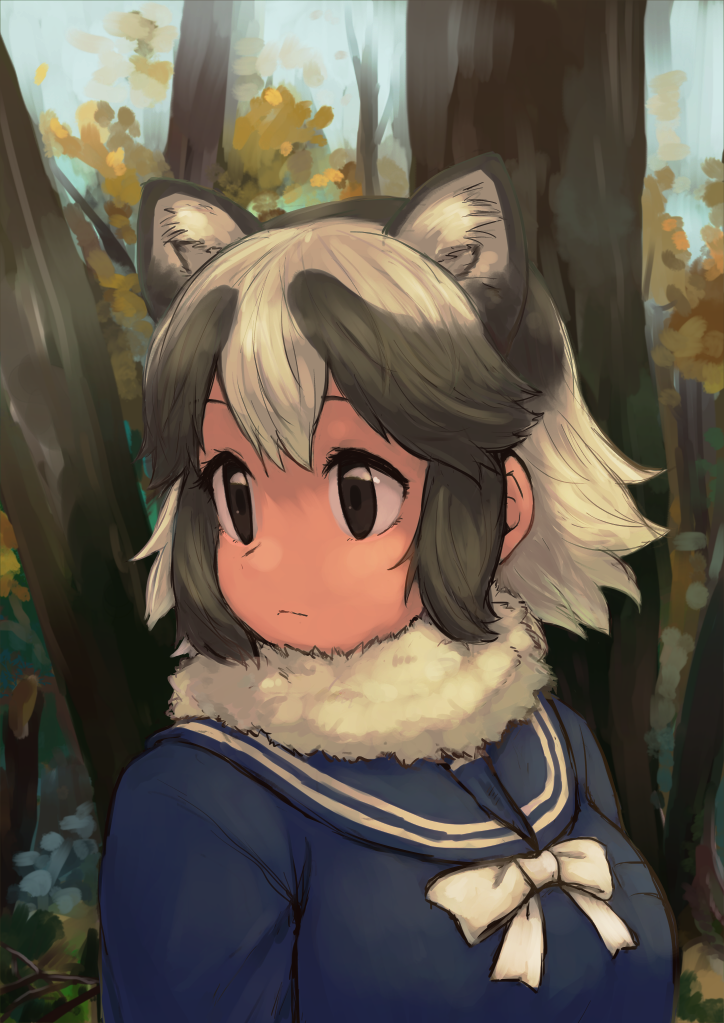 1girl animal_ear_fluff animal_ears black_eyes black_hair blue_serafuku bow bowtie commentary_request extra_ears forest fur_collar kemono_friends looking_to_the_side multicolored_hair nature raccoon_ears rumenia_(ao2is) school_uniform serafuku short_hair solo tanuki_(kemono_friends) tree two-tone_hair upper_body white_bow white_bowtie white_hair